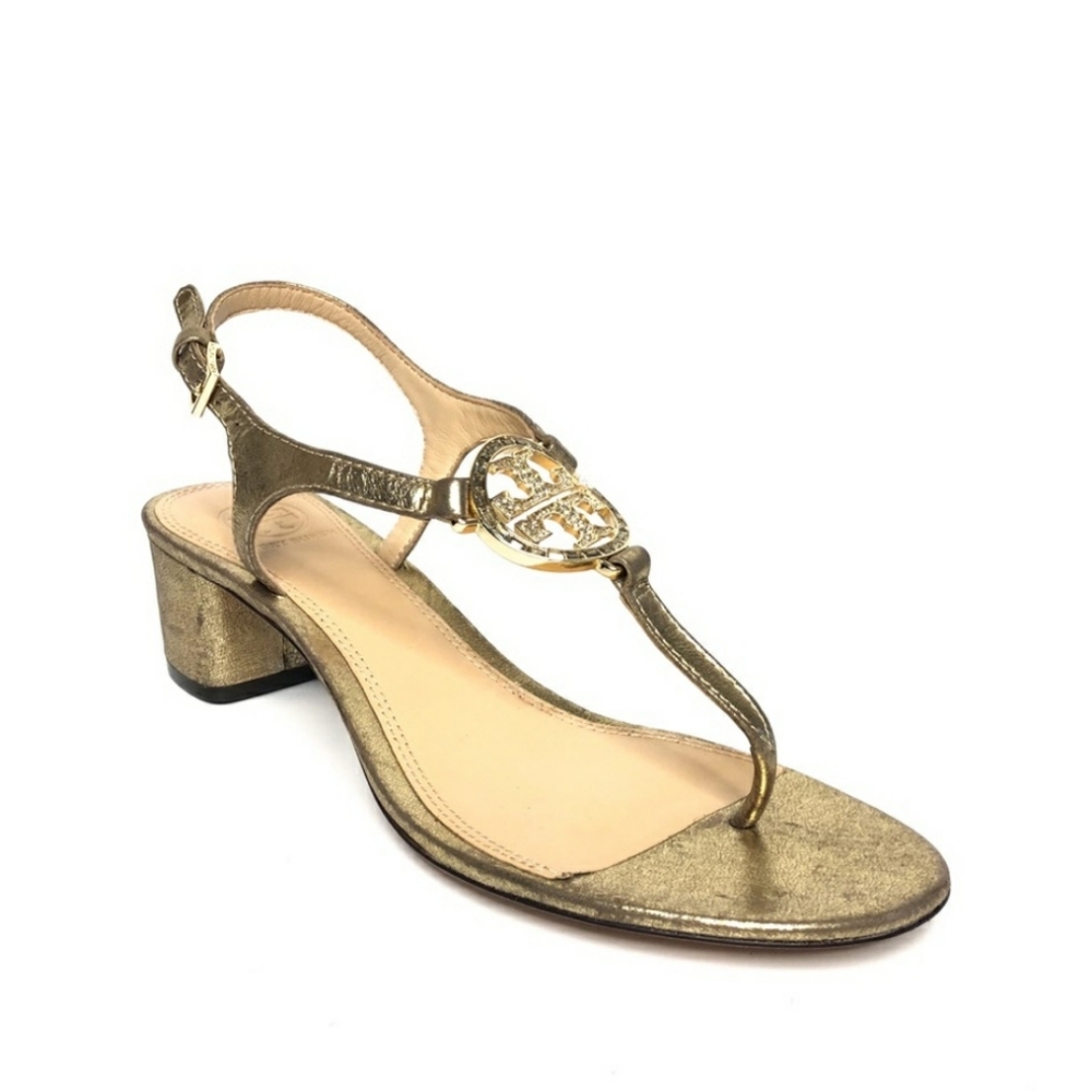 Tory Burch 9.5 Mini Miller Burnished Glod Metallic Embellished Block Heel